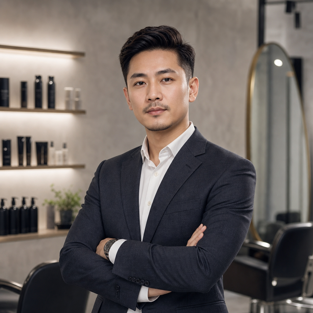 Portrait of a professional male salon owner with short hair, wearing a charcoal suit