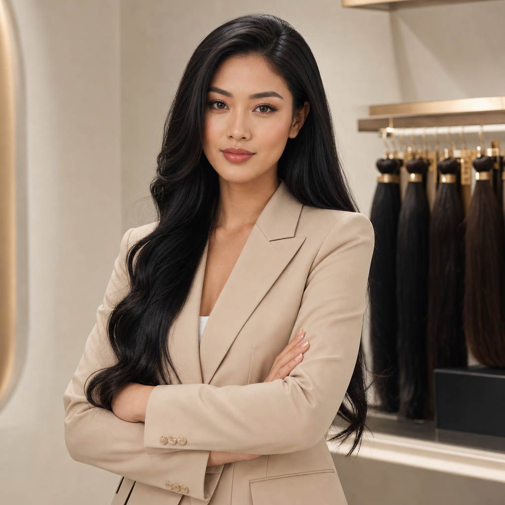 Portrait of a confident female hair vendor with long black hair, wearing a sleek beige blazer