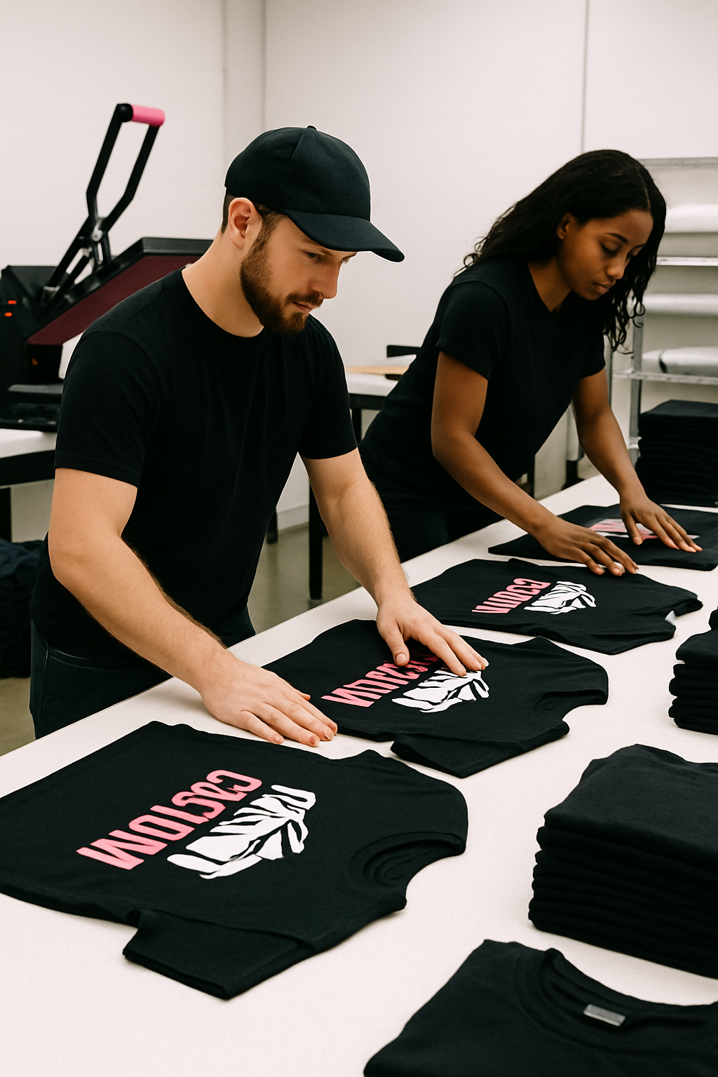 Nashville print studio team arranging freshly printed custom shirts on a large worktable