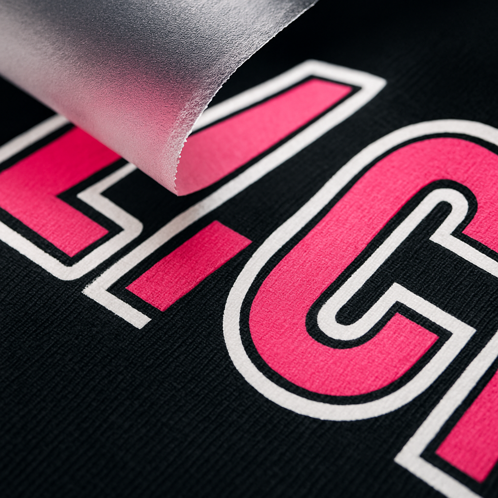 DTF transfer detail image showing bright hot-pink and white ink texture being pressed onto black fabric