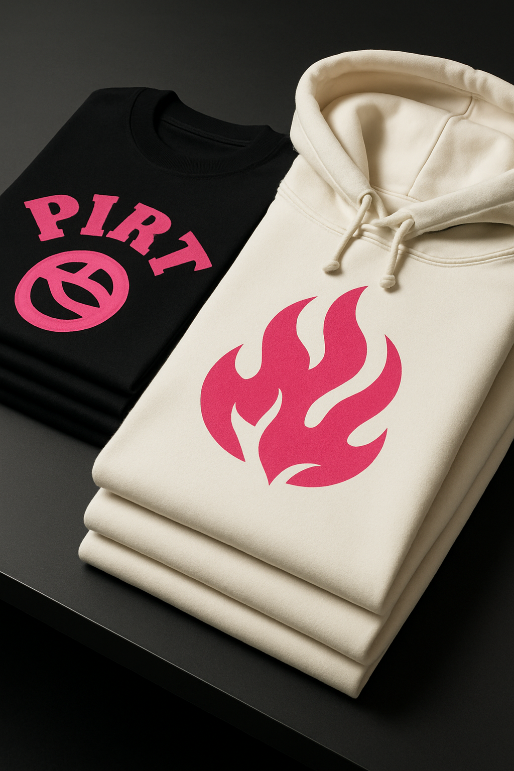 Custom apparel collection featuring black and off-white premium t-shirts with bold hot pink graphic prints folded on a retail display