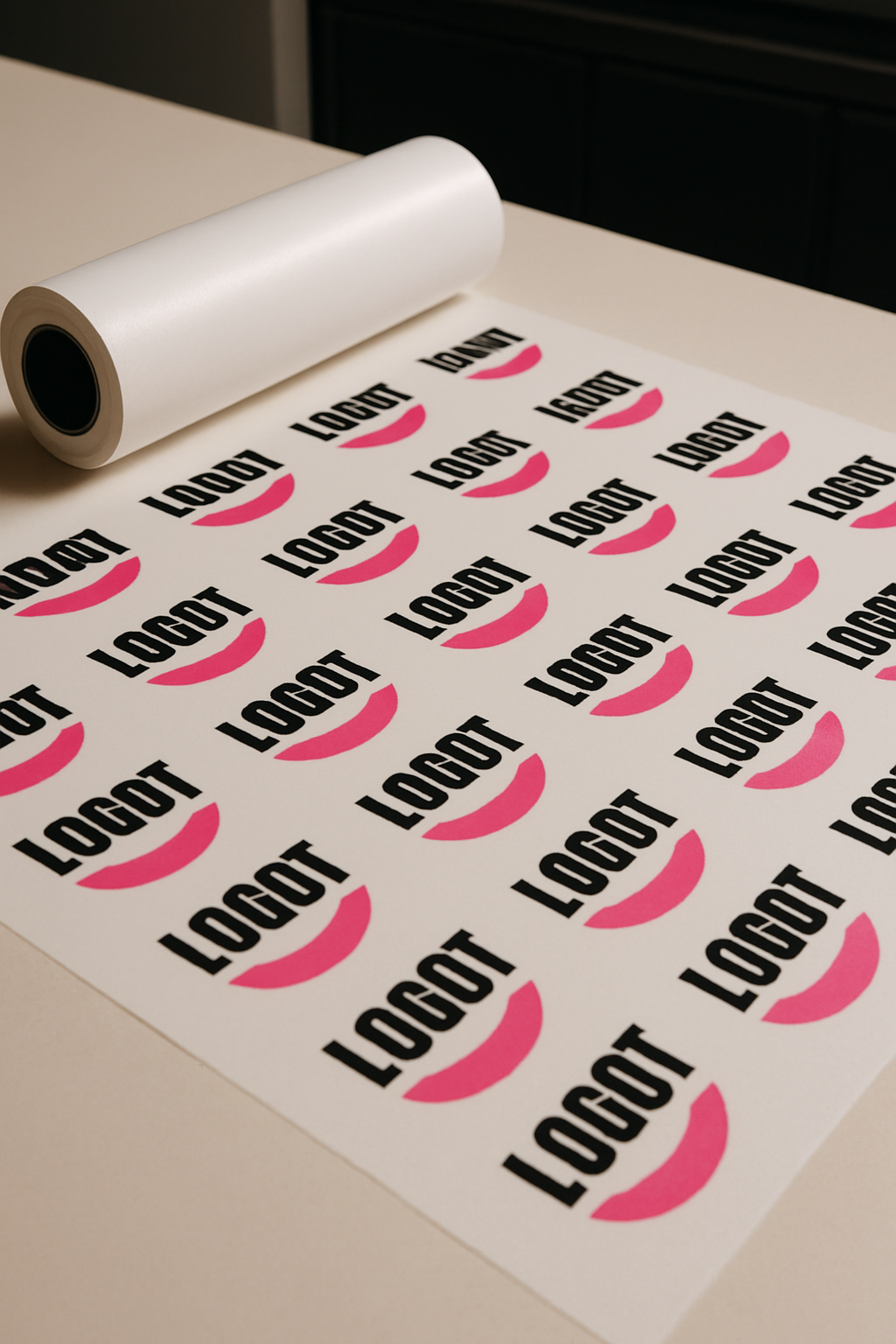 Gang sheets collection with a large off-white film roll printed with multiple logo blocks in hot pink and black