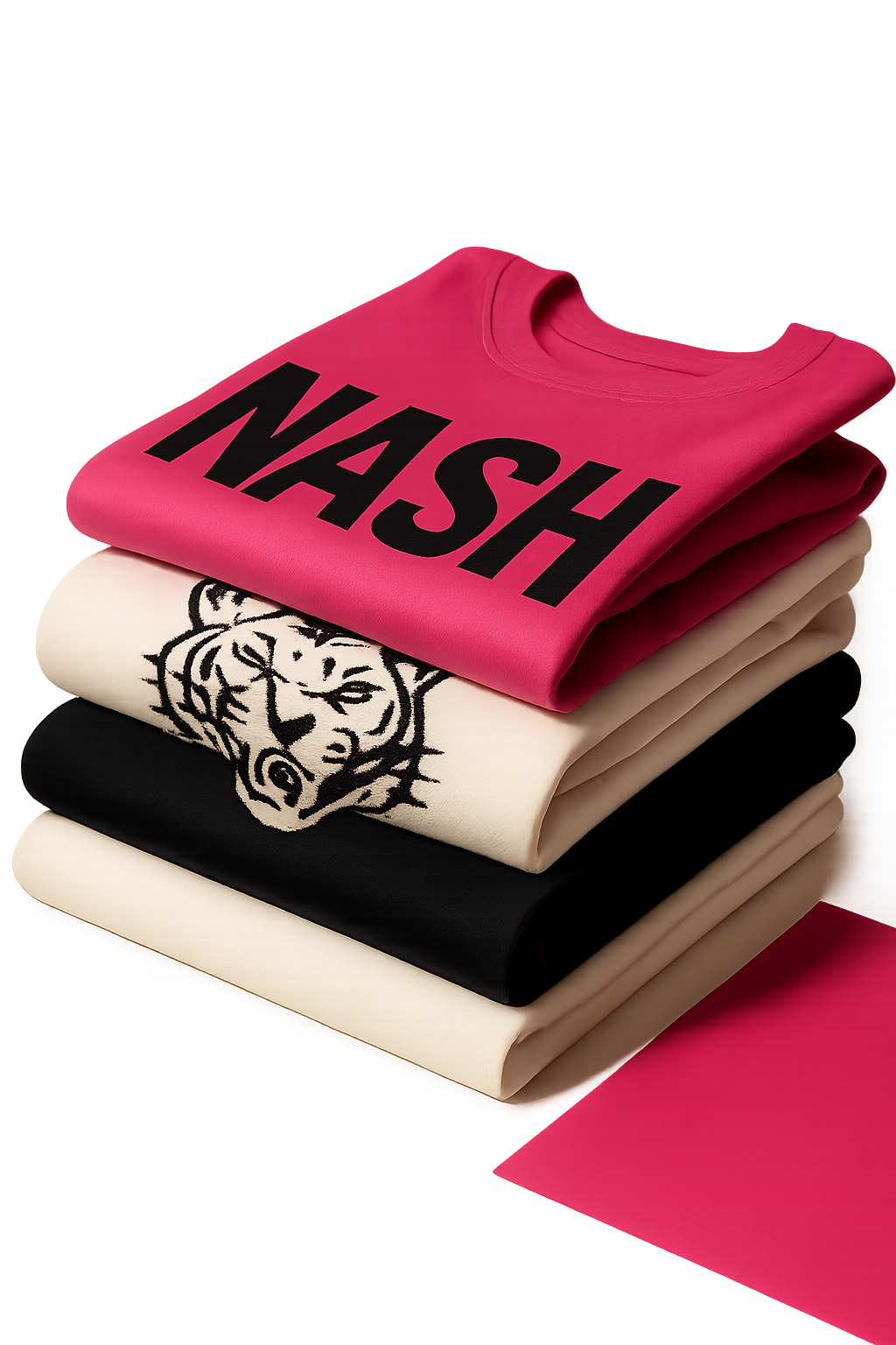 Studio favorites collection featuring folded streetwear blanks and finished prints in black off-white and hot pink tones