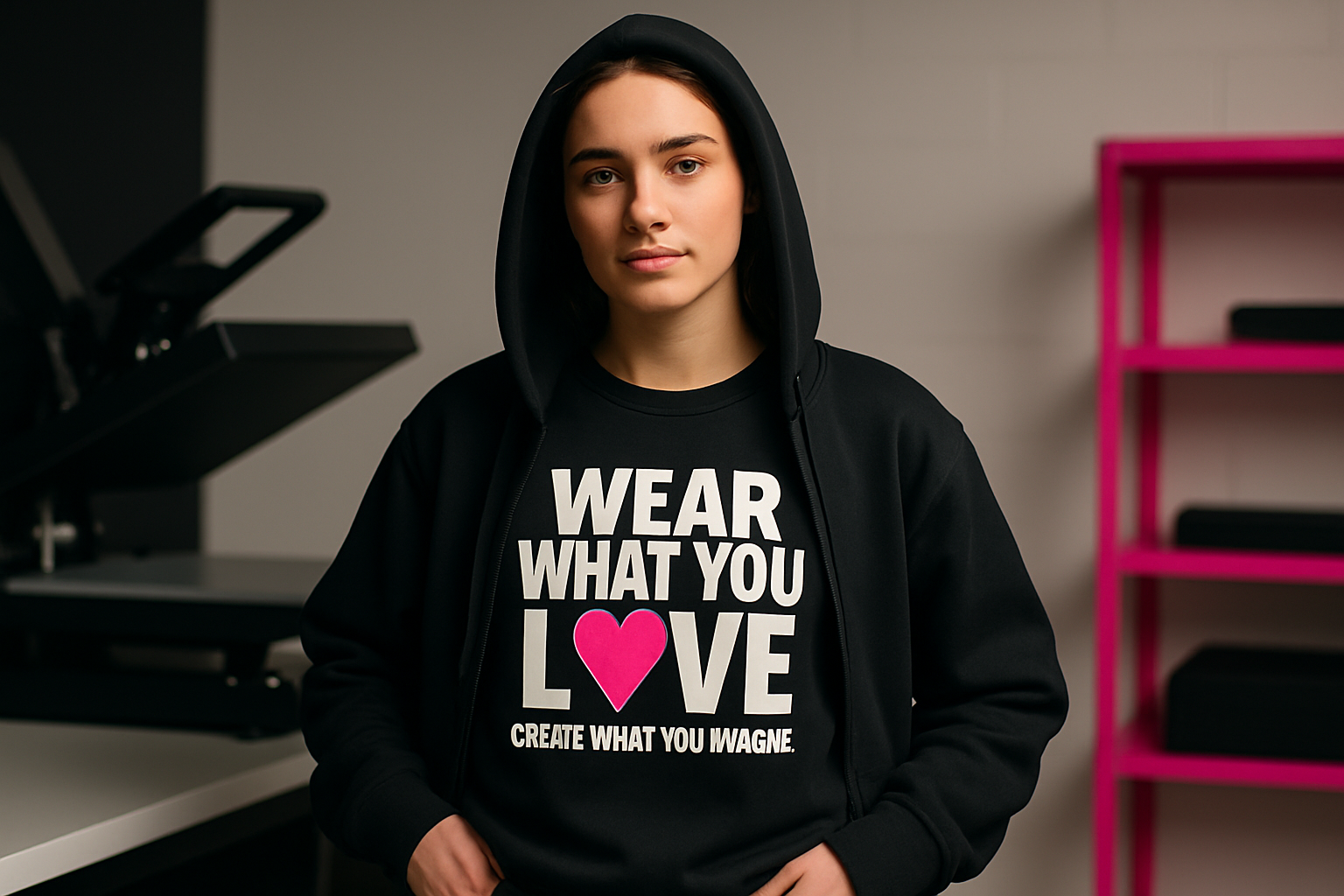 Finished custom apparel hero image showing a model in a black graphic hoodie and matching printed tee in a professional studio setup