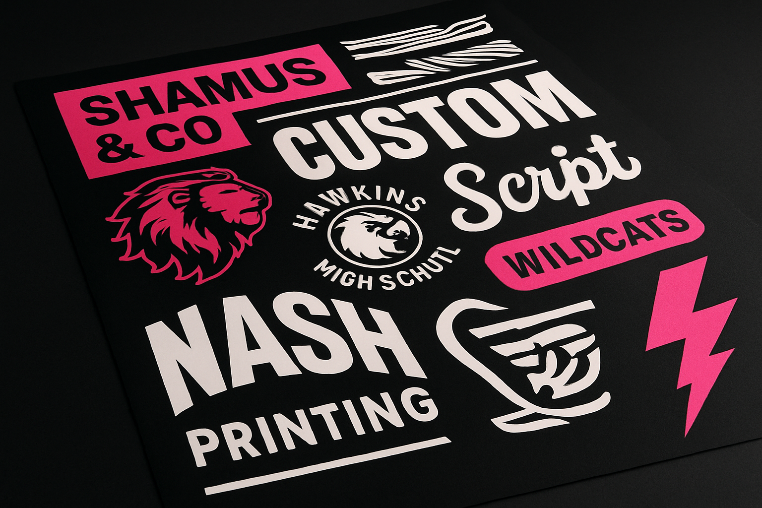 Large DTF gang sheet product visual showing multiple arranged logos, text blocks, and graphics on one transfer sheet