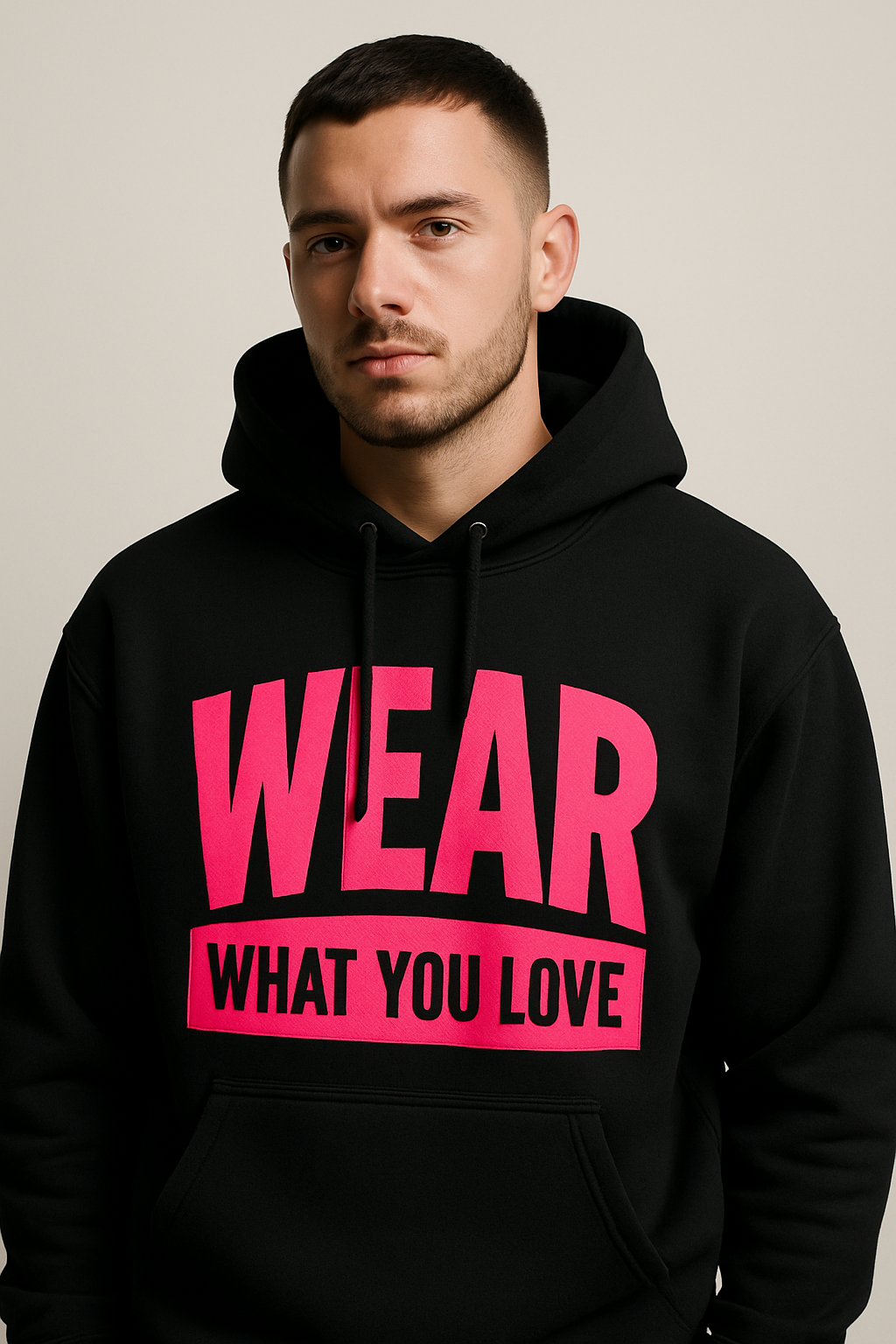 Front-facing styled model in black custom streetwear hoodie with vivid hot pink and white screen print logo, studio-lit with crisp fabric detail