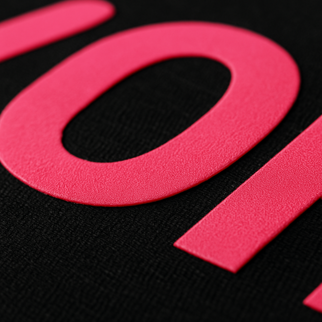 Close-up detail of a pressed DTF transfer with clean edge definition and smooth ink texture on dark fabric