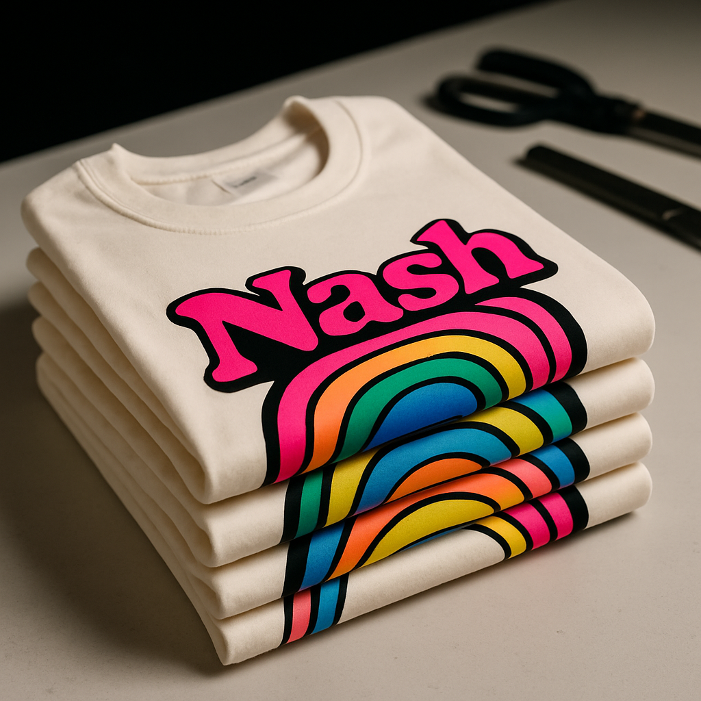 Folded stack of cream cotton tees with sharp multicolor chest prints laid on a clean cutting table