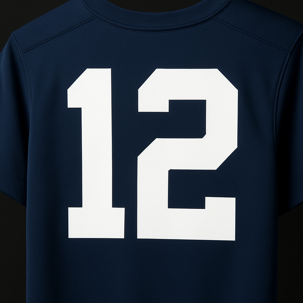 Close-up of navy sports jersey back with crisp white player number and fine line detail after heat press