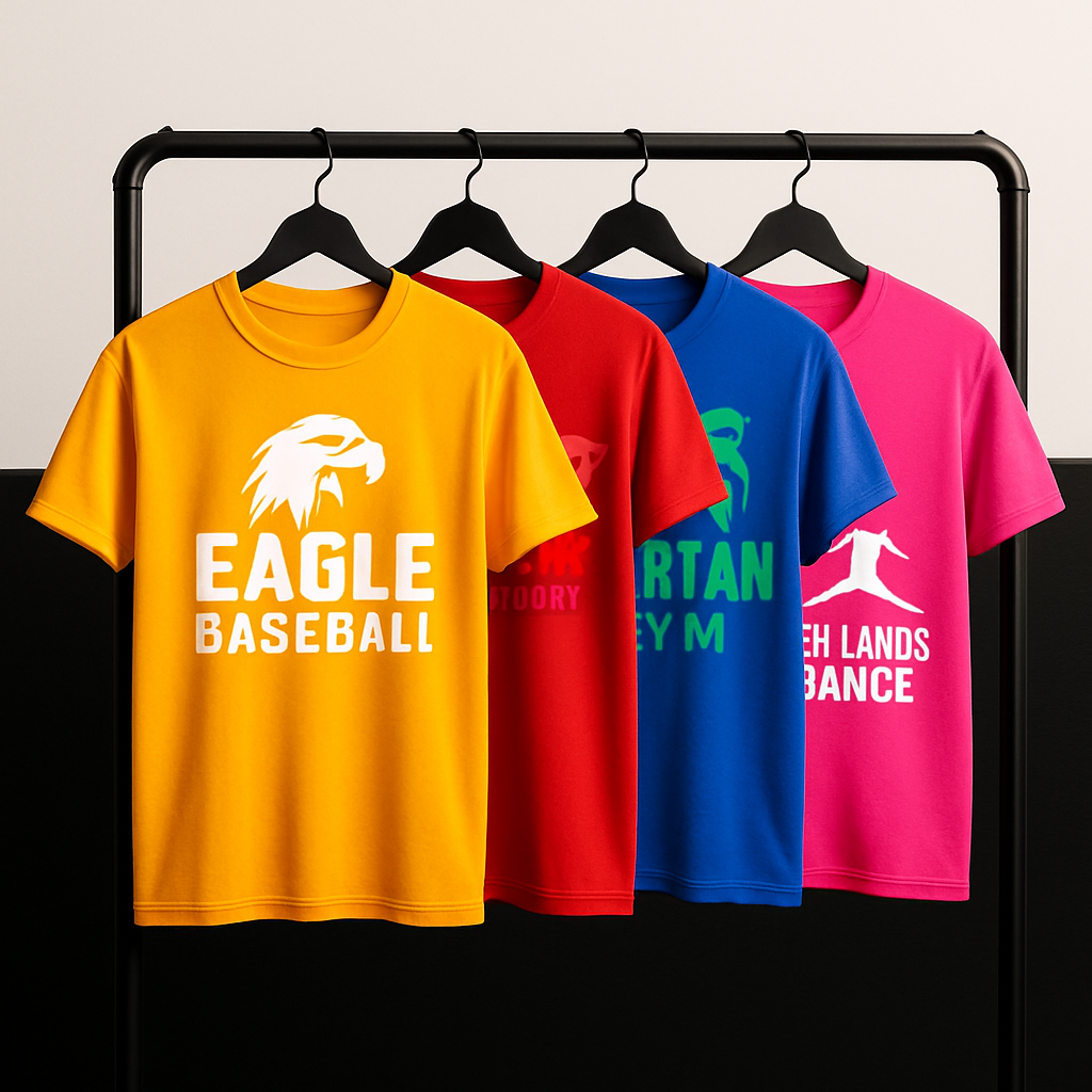 Row of bright team warm-up shirts hanging on matte black rack with centered logo alignment