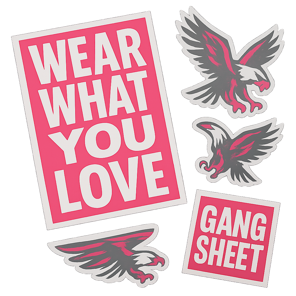 Flat lay of trimmed DTF transfer sheet set in hot pink, white, and gray ready for apparel application