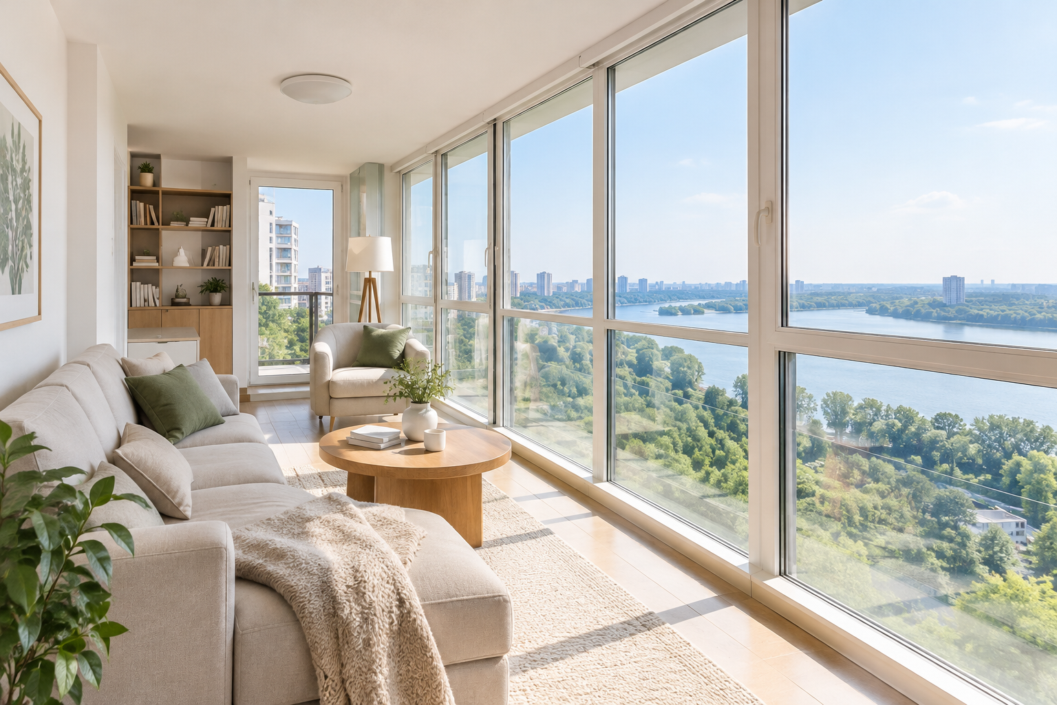 Bright Obolon apartment with a long glass balcony and soft neutral furnishings