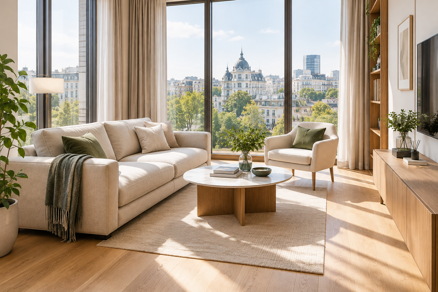 Sunlit modern Pechersk apartment living room with warm oak floors and tall windows