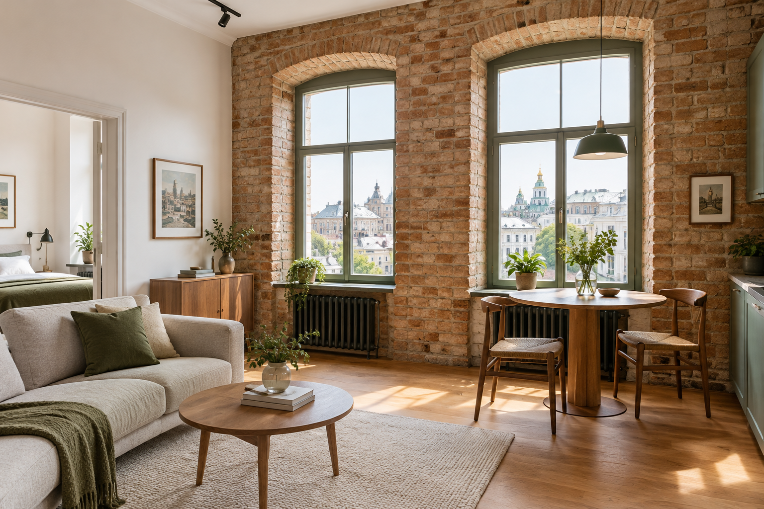 Characterful Podil apartment with exposed brick, tall windows, and a compact dining nook