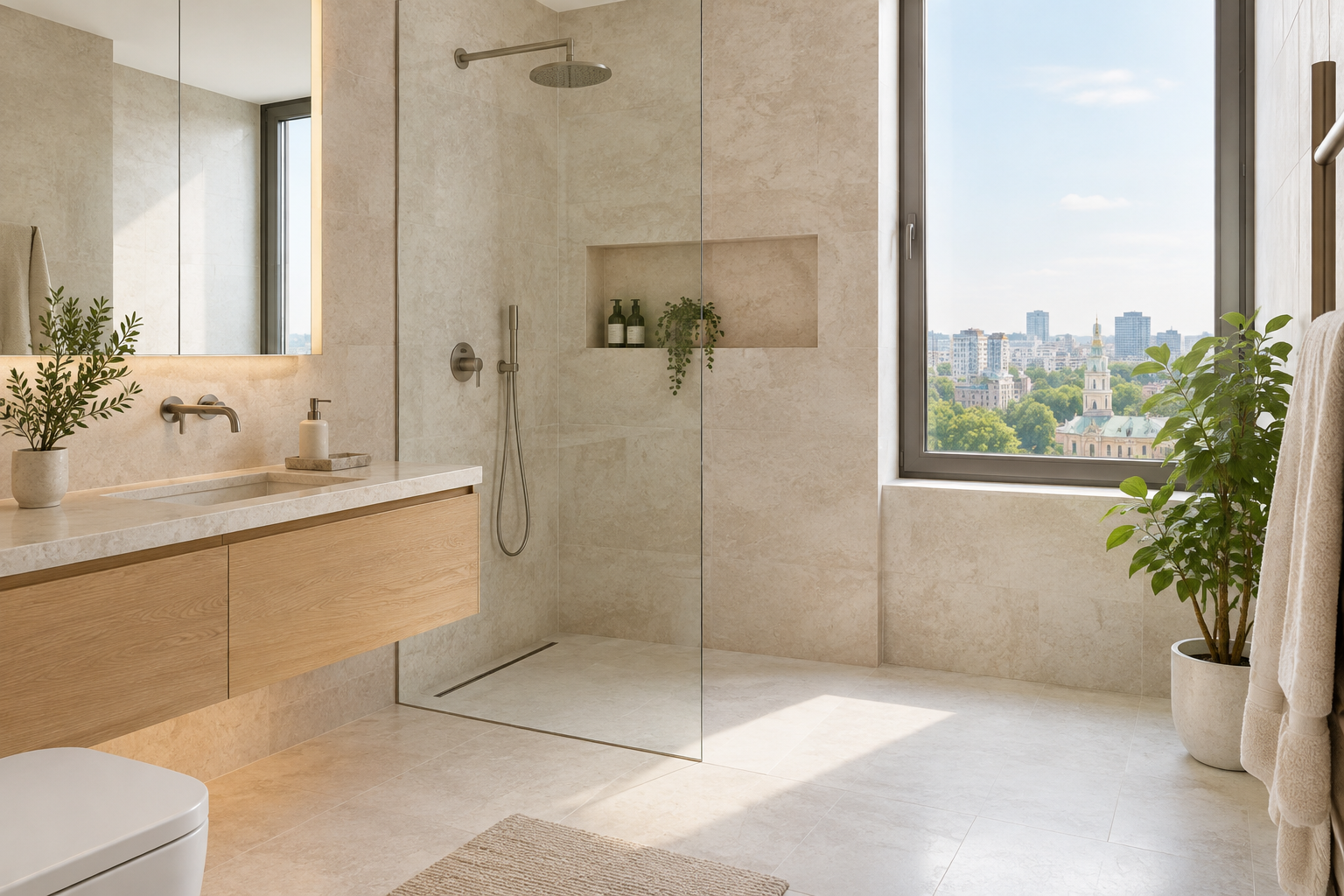 Refined apartment bathroom with stone finishes and walk-in shower