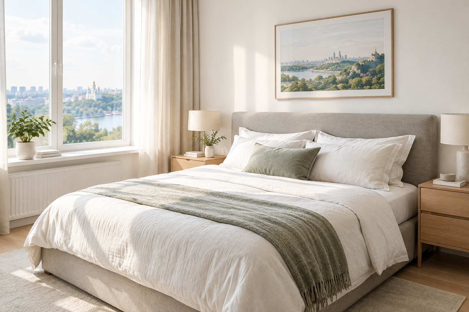 Calm apartment bedroom with linen bedding and soft daylight