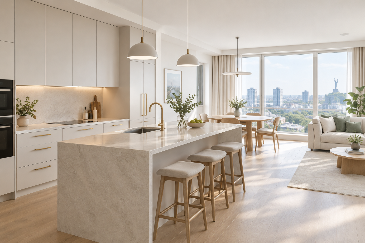 Contemporary apartment kitchen with pale cabinetry and a stone island