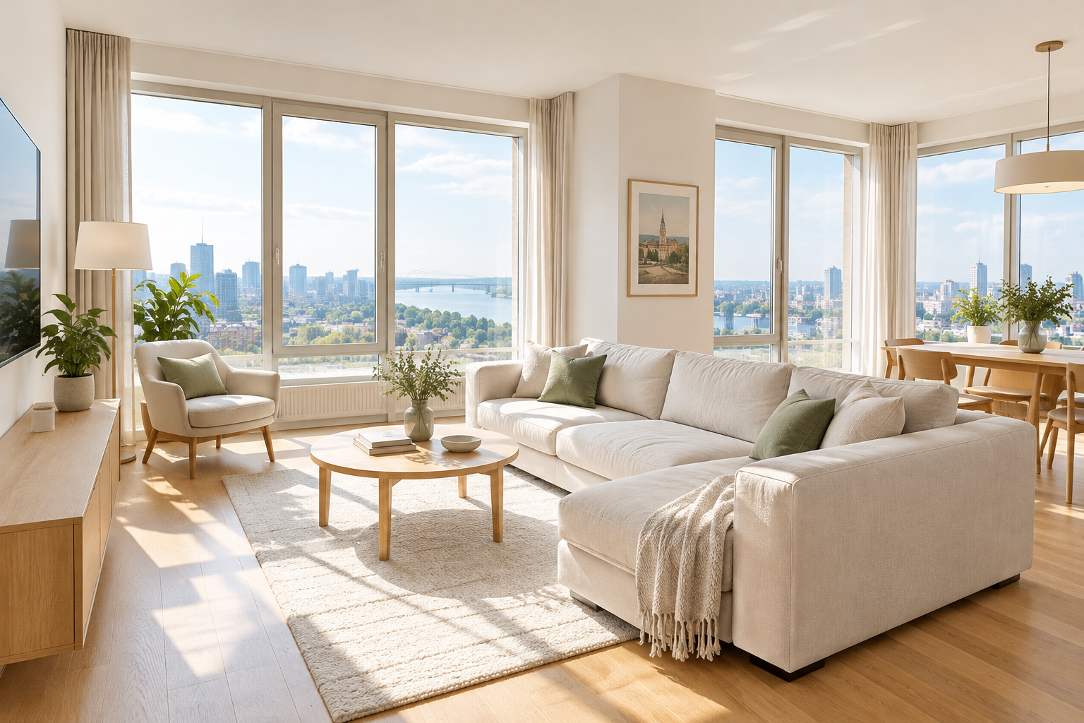 Airy Kyiv apartment living room with warm natural wood and broad windows