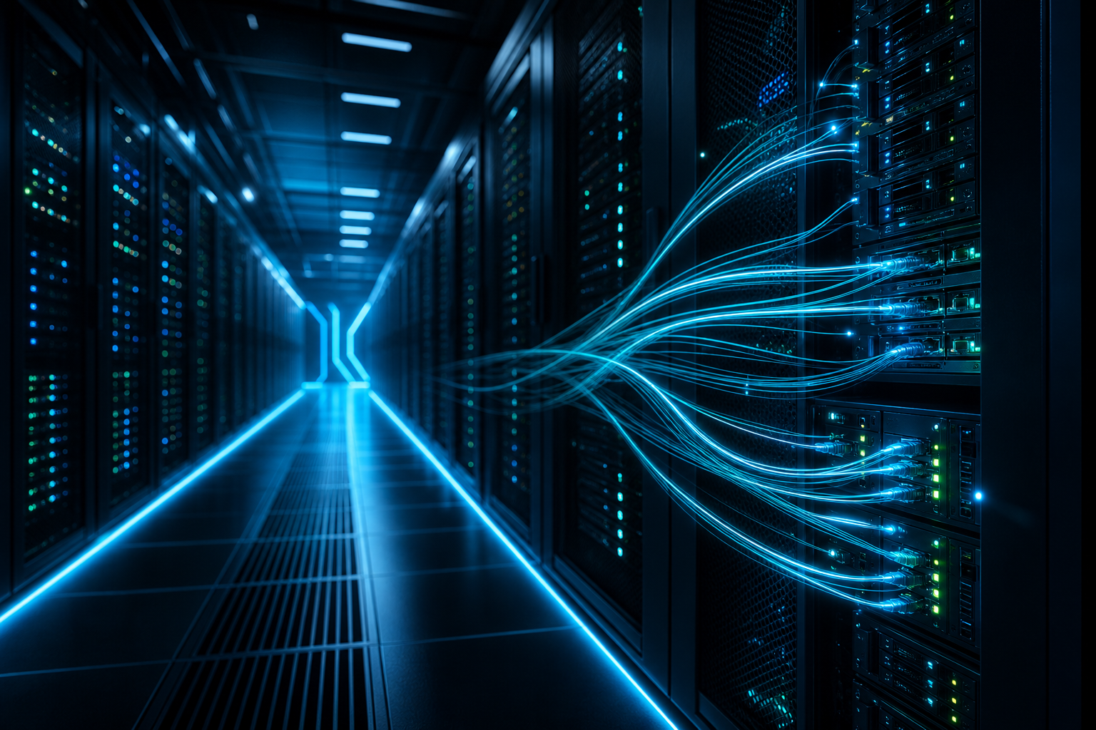 Centro de datos futurista con cables de fibra óptica iluminados en cian