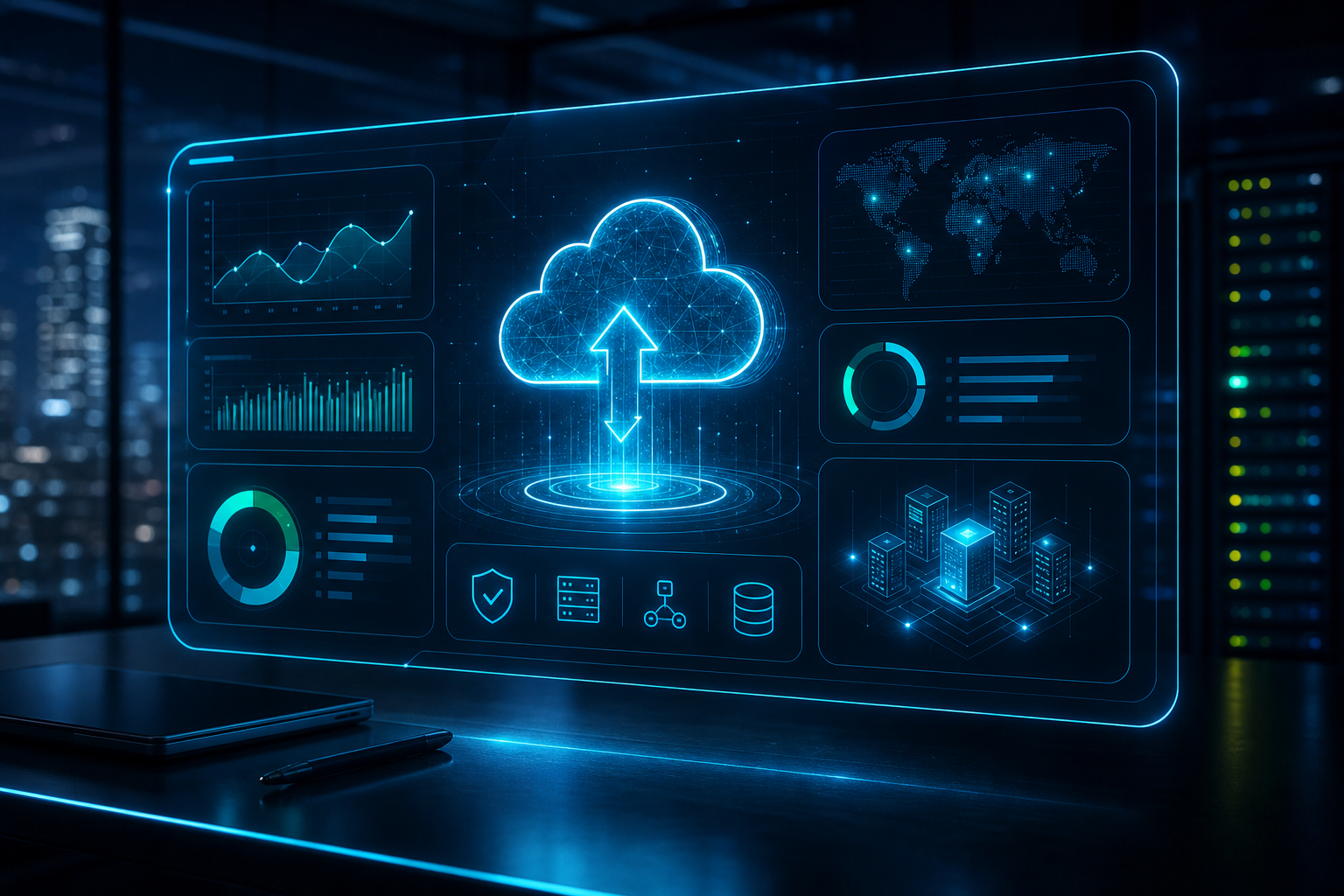 Panel de nube empresarial con gráficos en cian sobre fondo oscuro