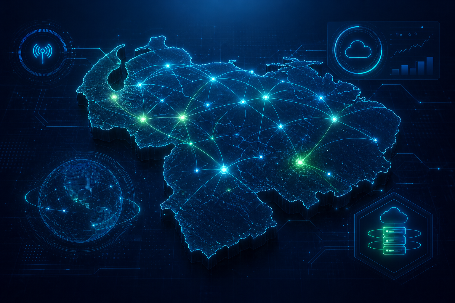 Panel digital futurista con nodos de red, líneas de datos en cian y verde y un mapa abstracto de Venezuela