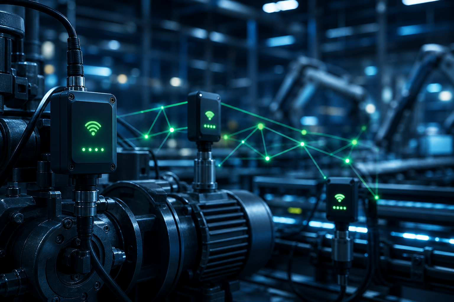 Sensores IoT industriales con indicadores verdes y fondo de fábrica