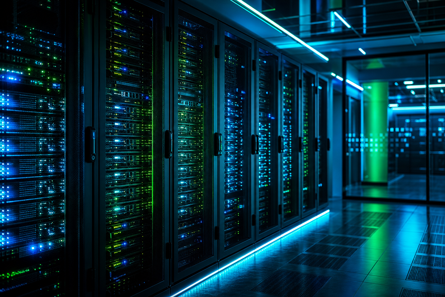 Racks de servidores con iluminación cian y verde en un data center moderno