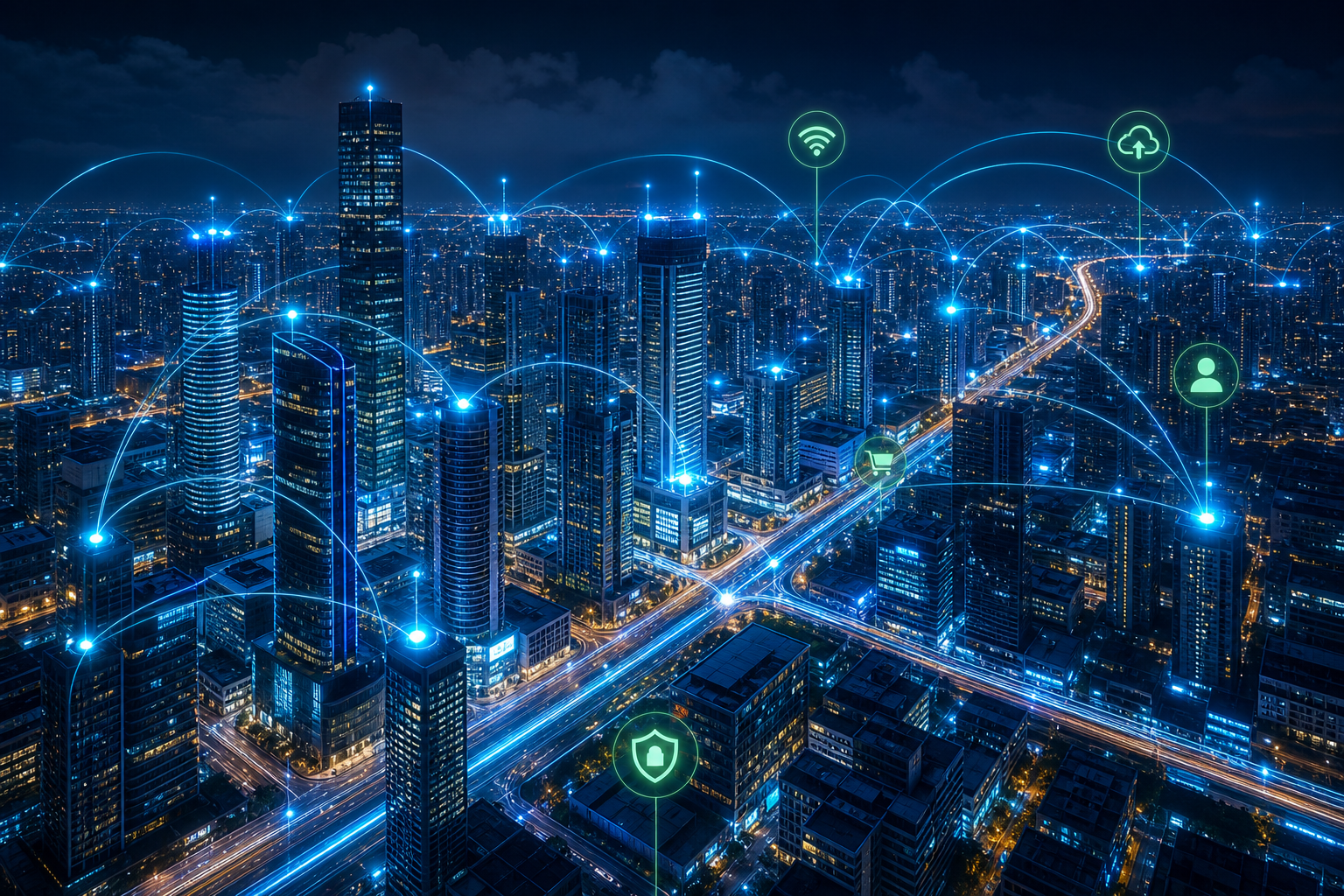 Vista aérea de ciudad inteligente nocturna con rutas de datos luminosas