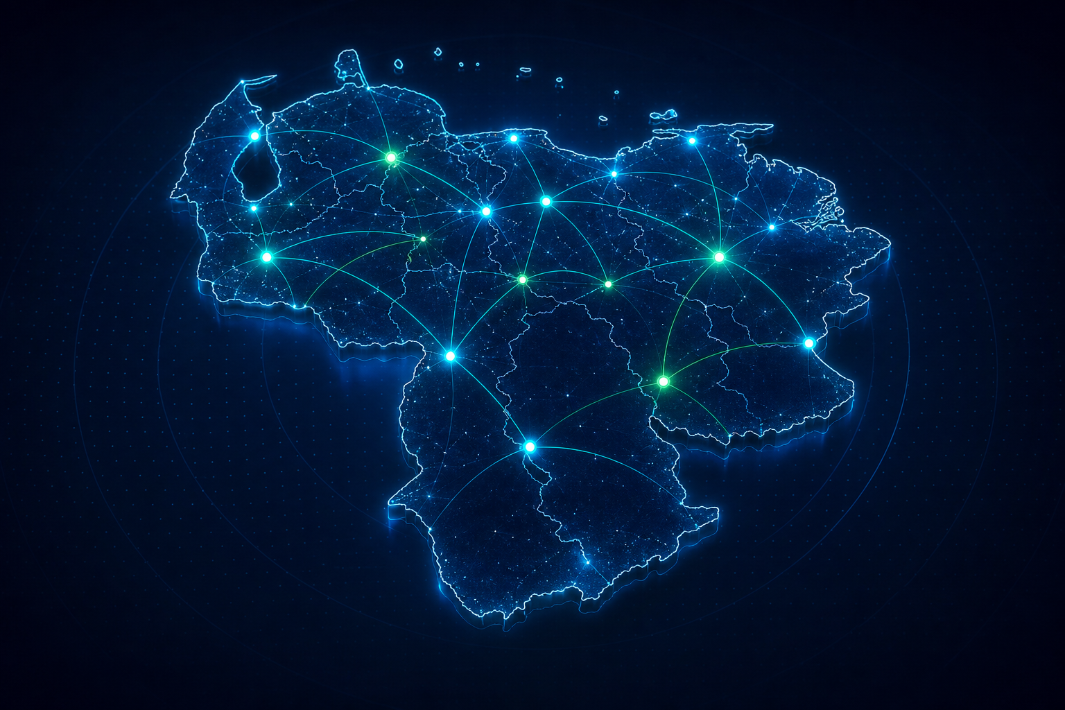 Mapa oscuro estilizado de Venezuela con acentos tecnológicos