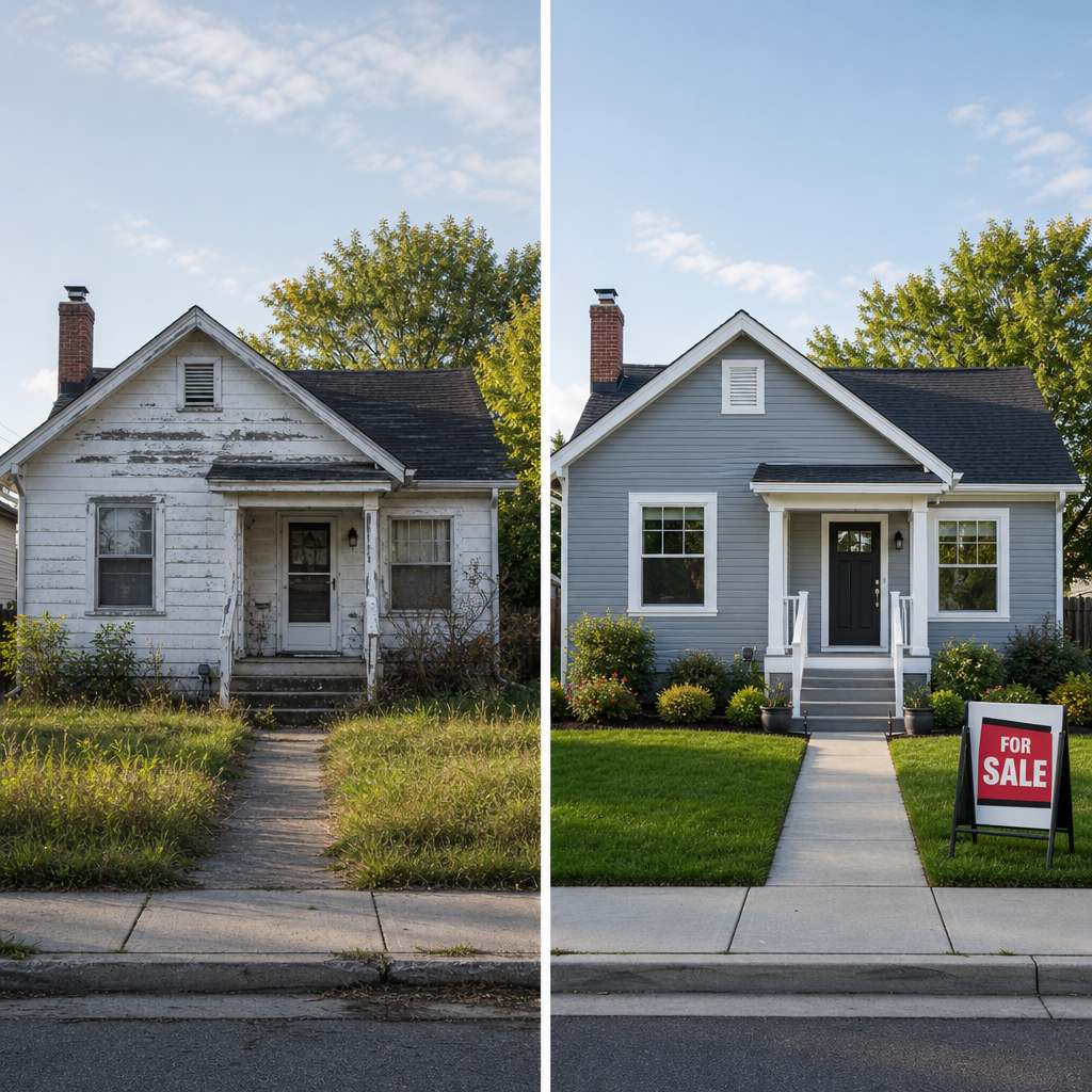 Weathered cottage to polished resale-ready property before and after single-family rehab comparison