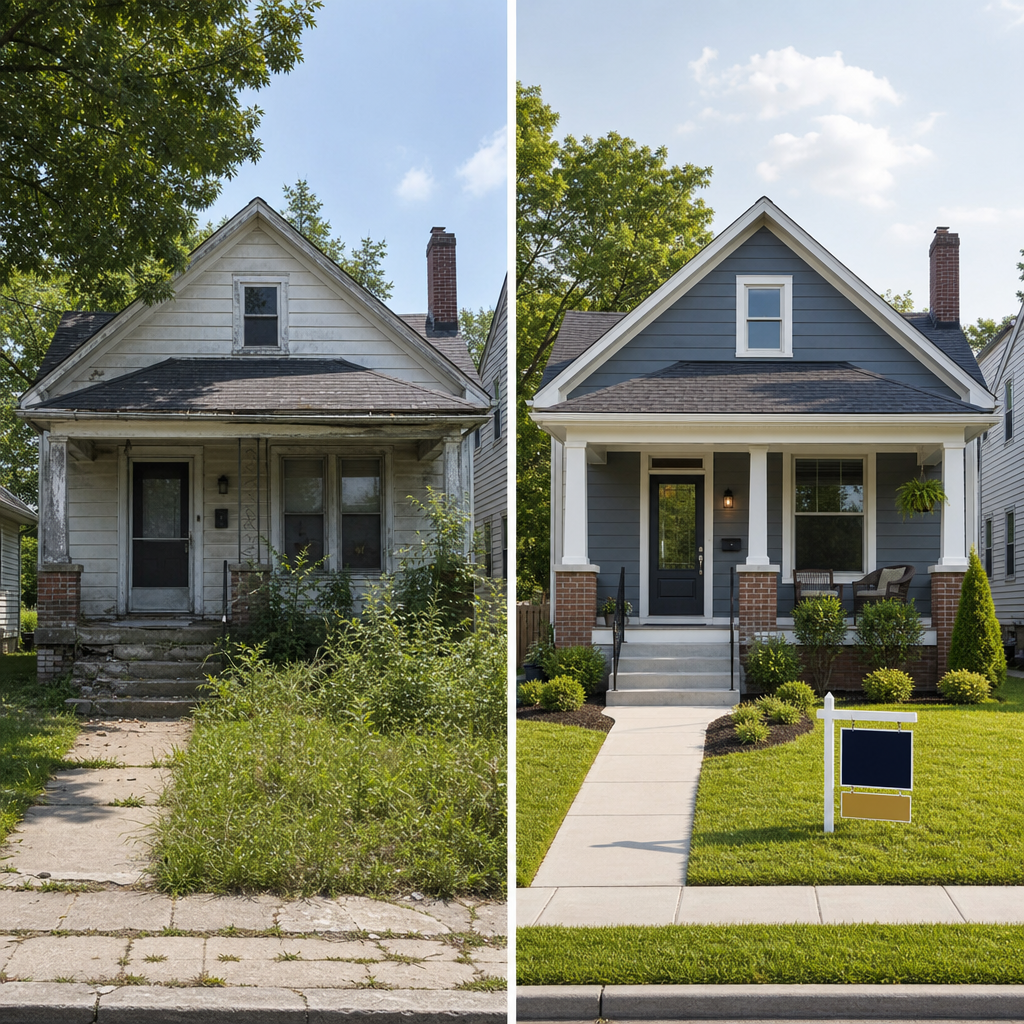 Distressed fixer to standout neighborhood home before and after single-family rehab comparison