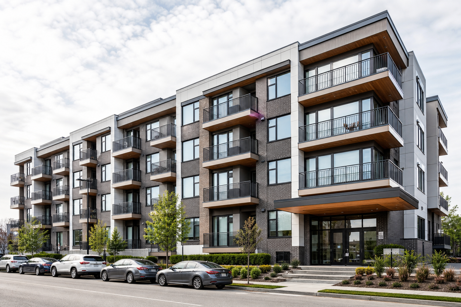 Mid-rise apartment building with balconies and residential entry