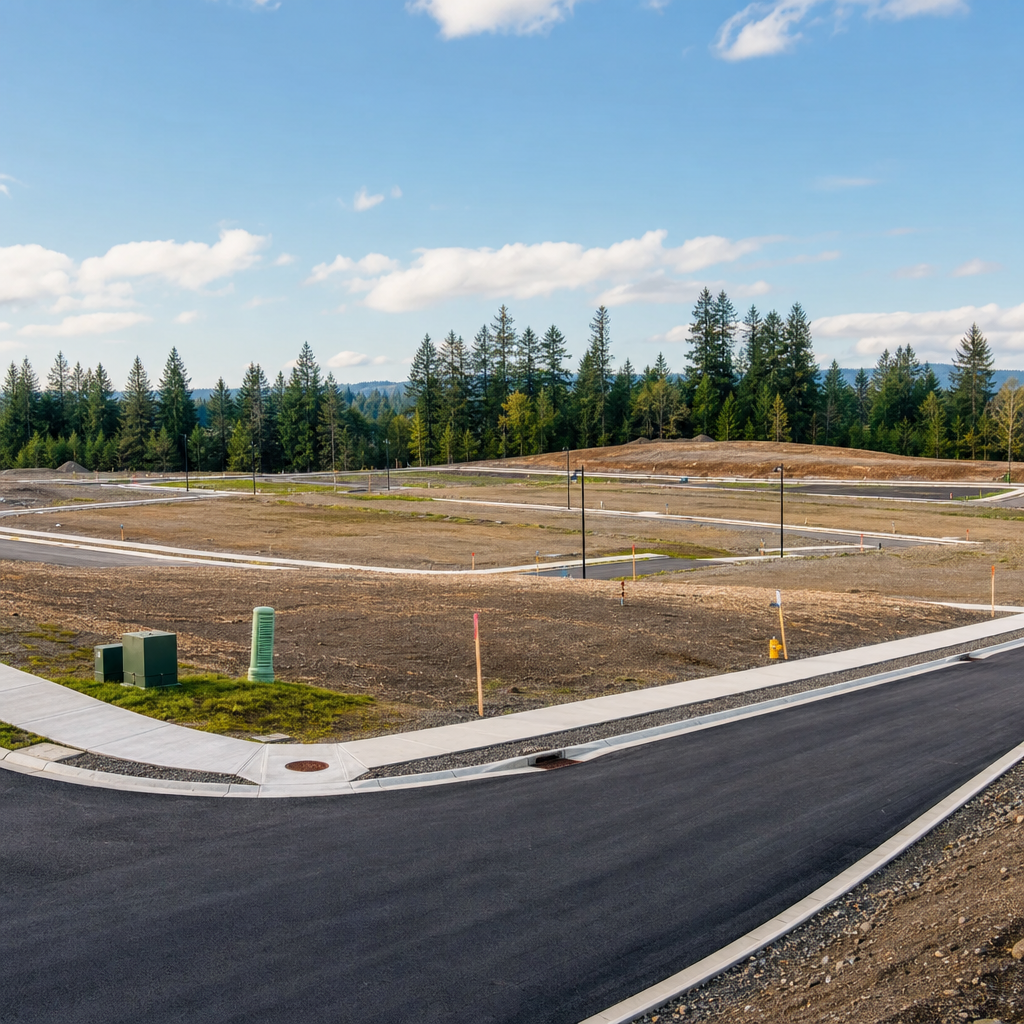 Entitled commercial land parcel prepared for development with graded lots, utility access, and roadway frontage