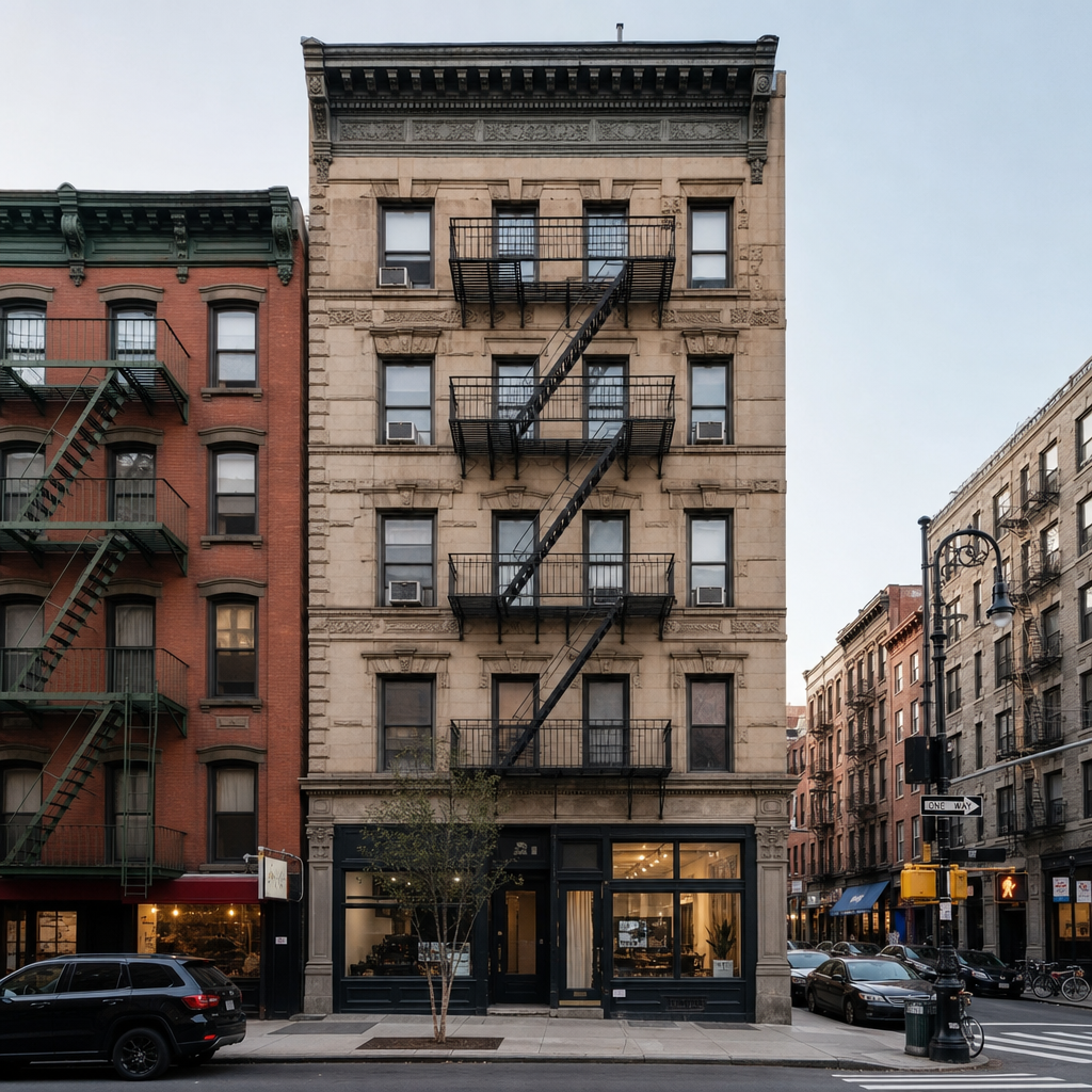 Mixed-use building with active storefronts on the ground floor and apartments above