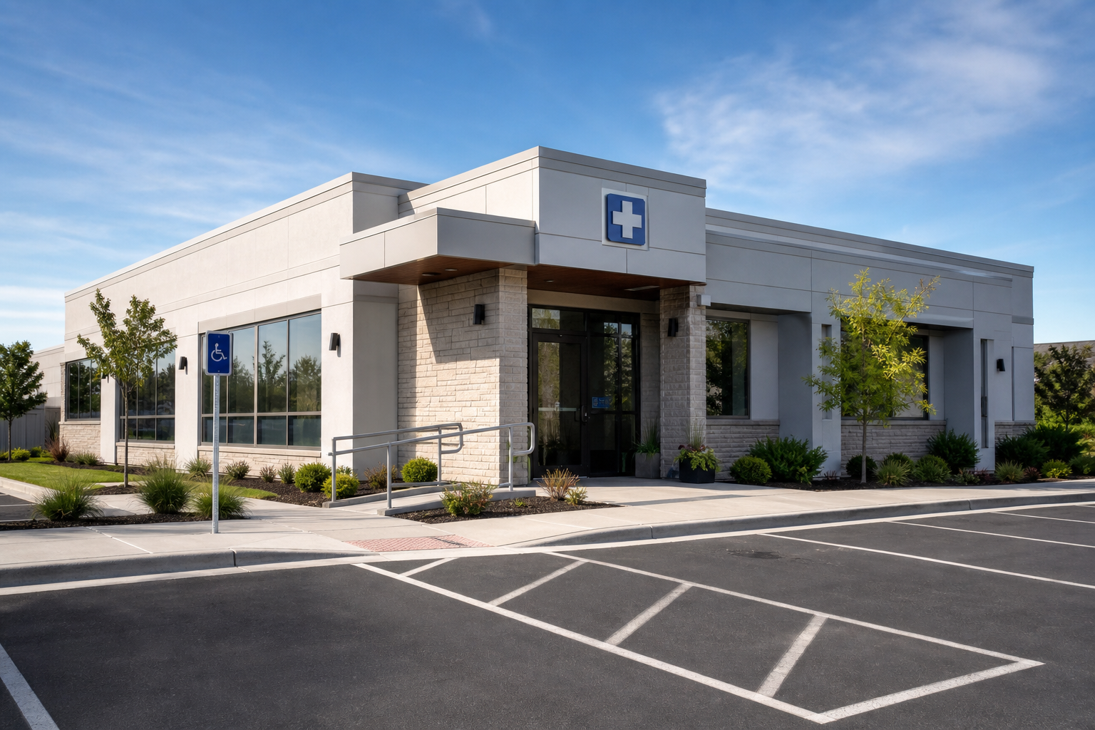 Small standalone medical building with clinic signage and patient entrance