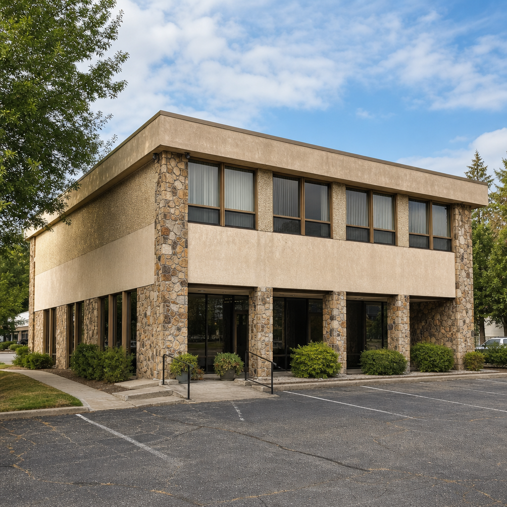 Small professional office building with two-story layout and dedicated parking