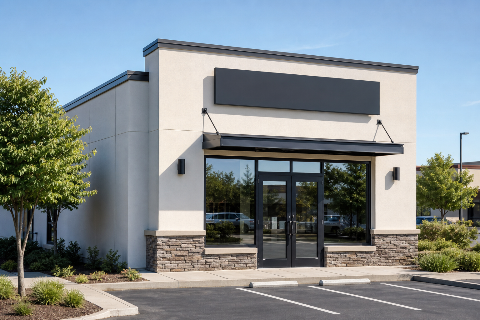 Small single-tenant retail building with one storefront and monument sign