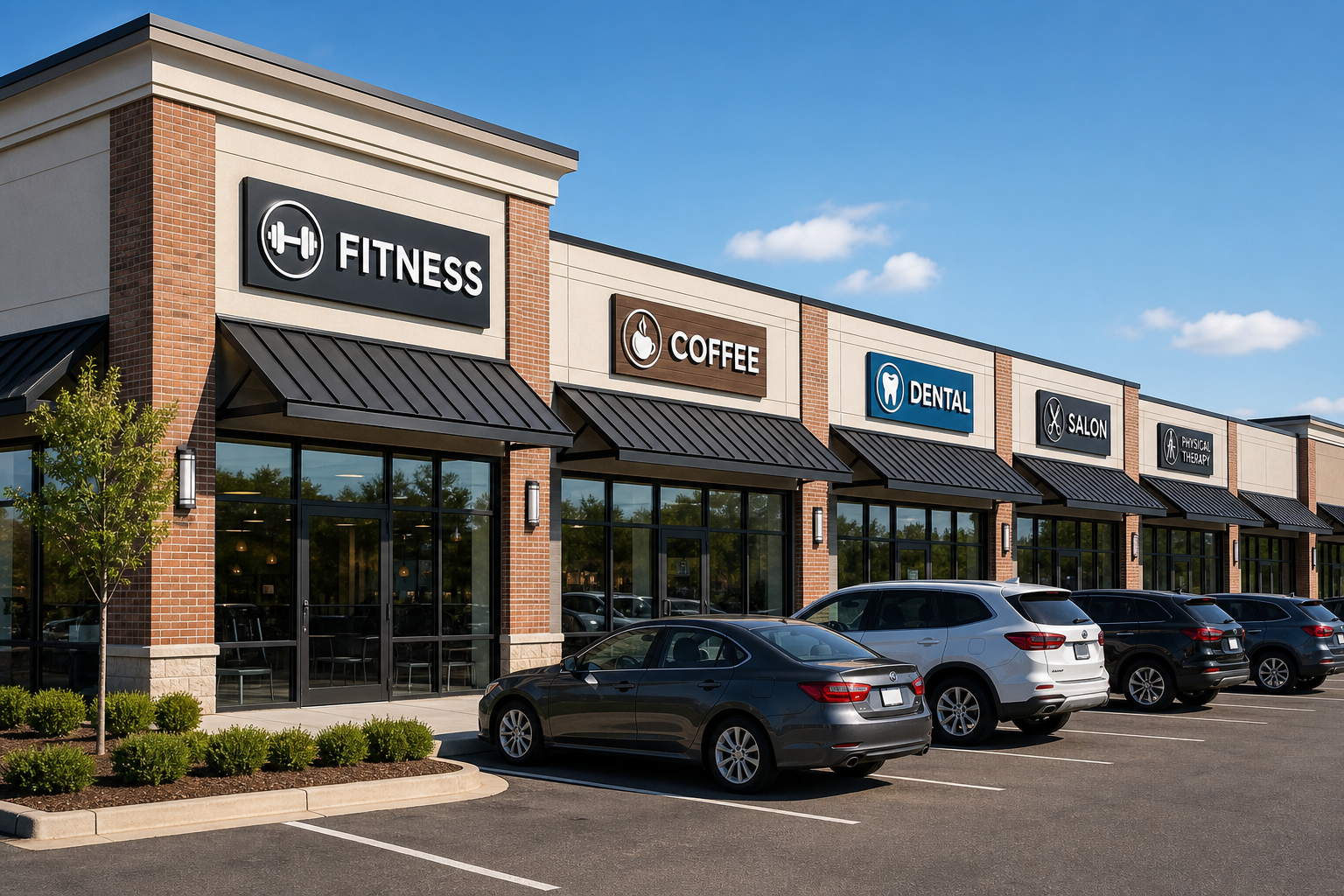 Small neighborhood strip plaza with multiple inline storefronts