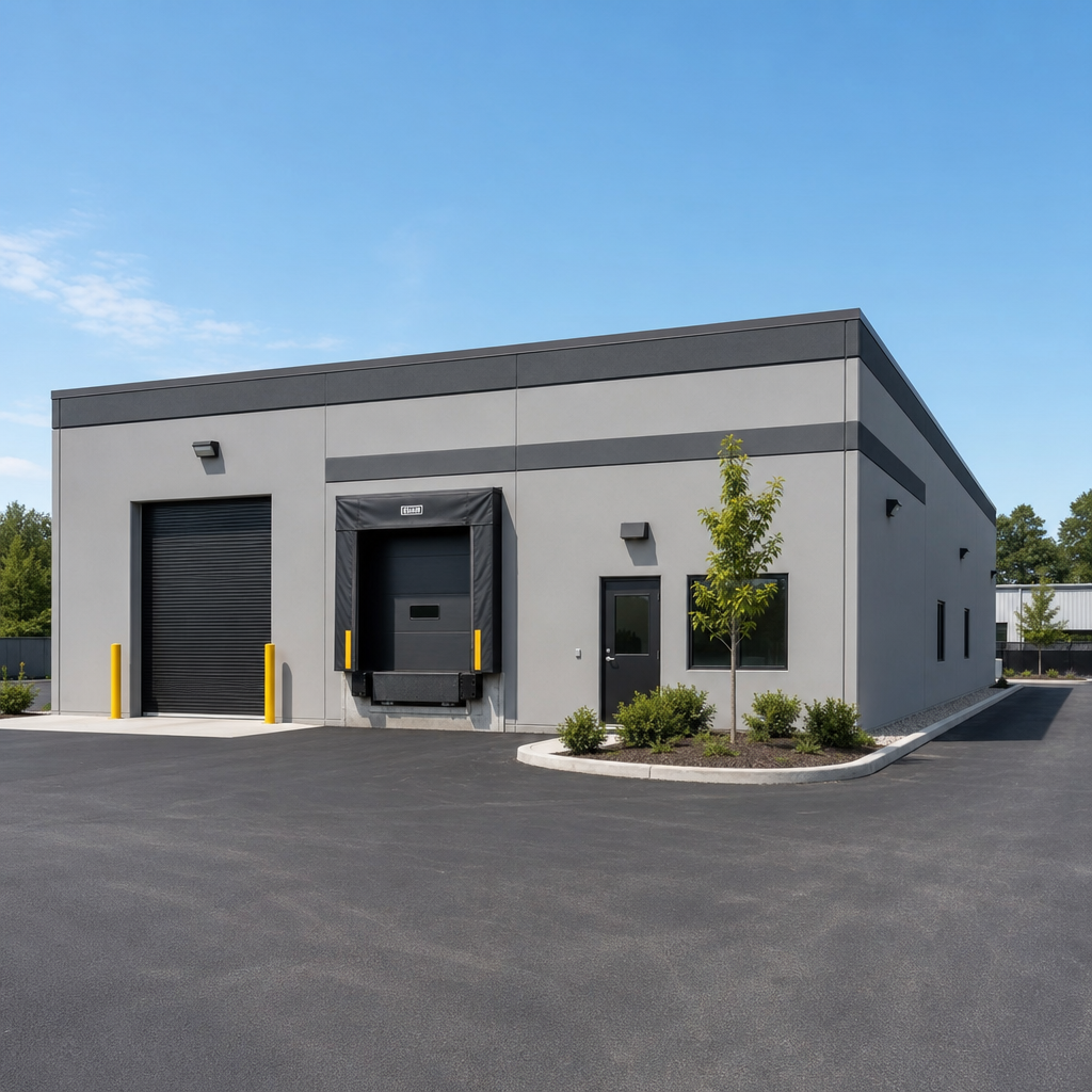 Large industrial warehouse with loading docks and logistics access