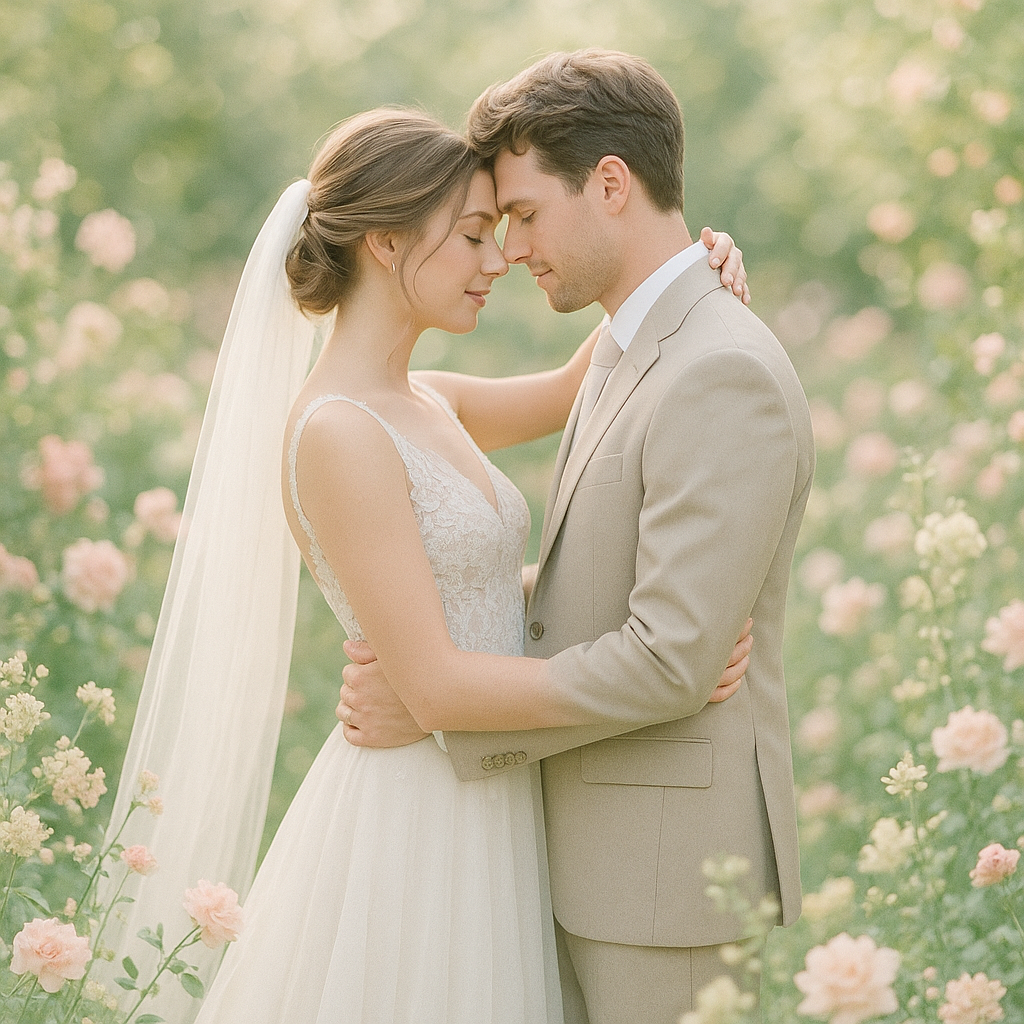 Bride and groom in a pastel garden embrace