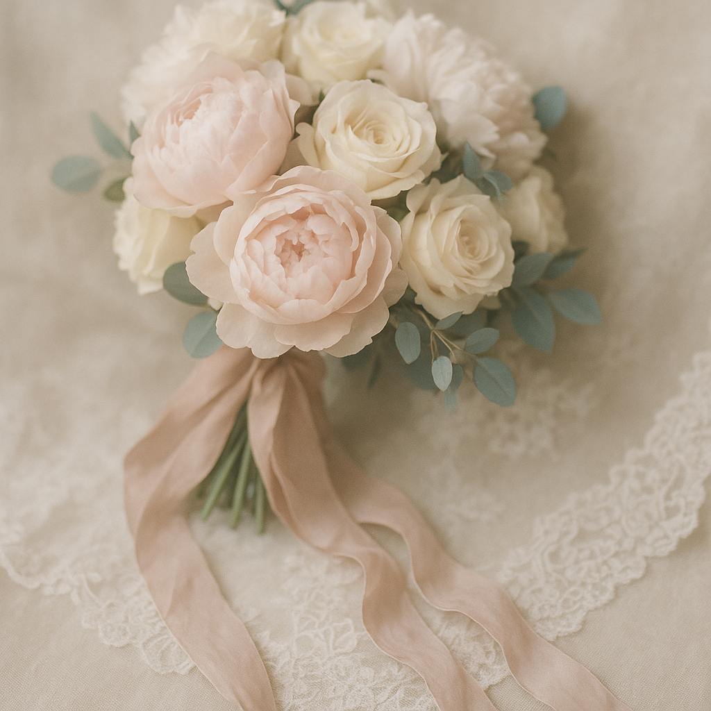 Close-up of pastel bridal bouquet and lace
