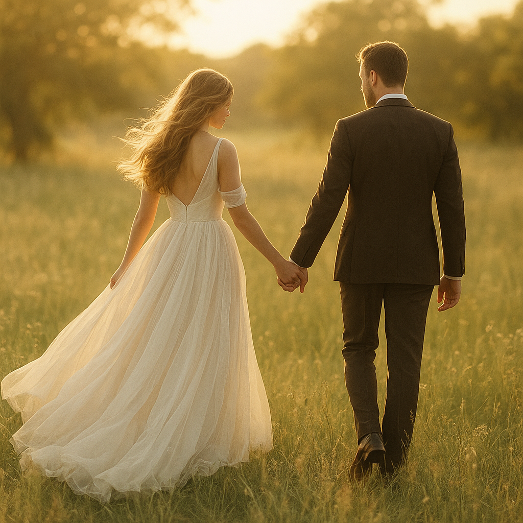 Bride and groom walking through golden field
