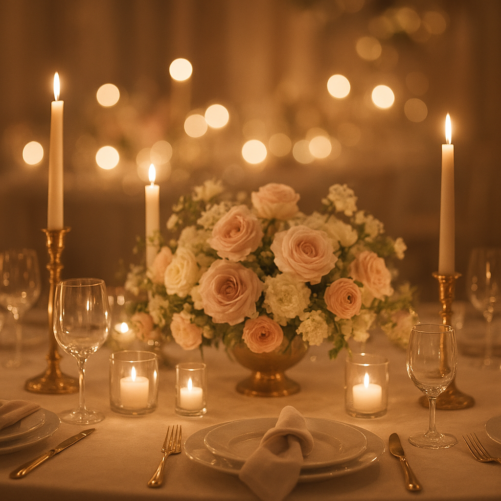 Reception table with candles and delicate florals