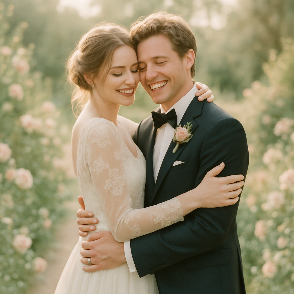 Joyful newlywed couple in soft pastel light