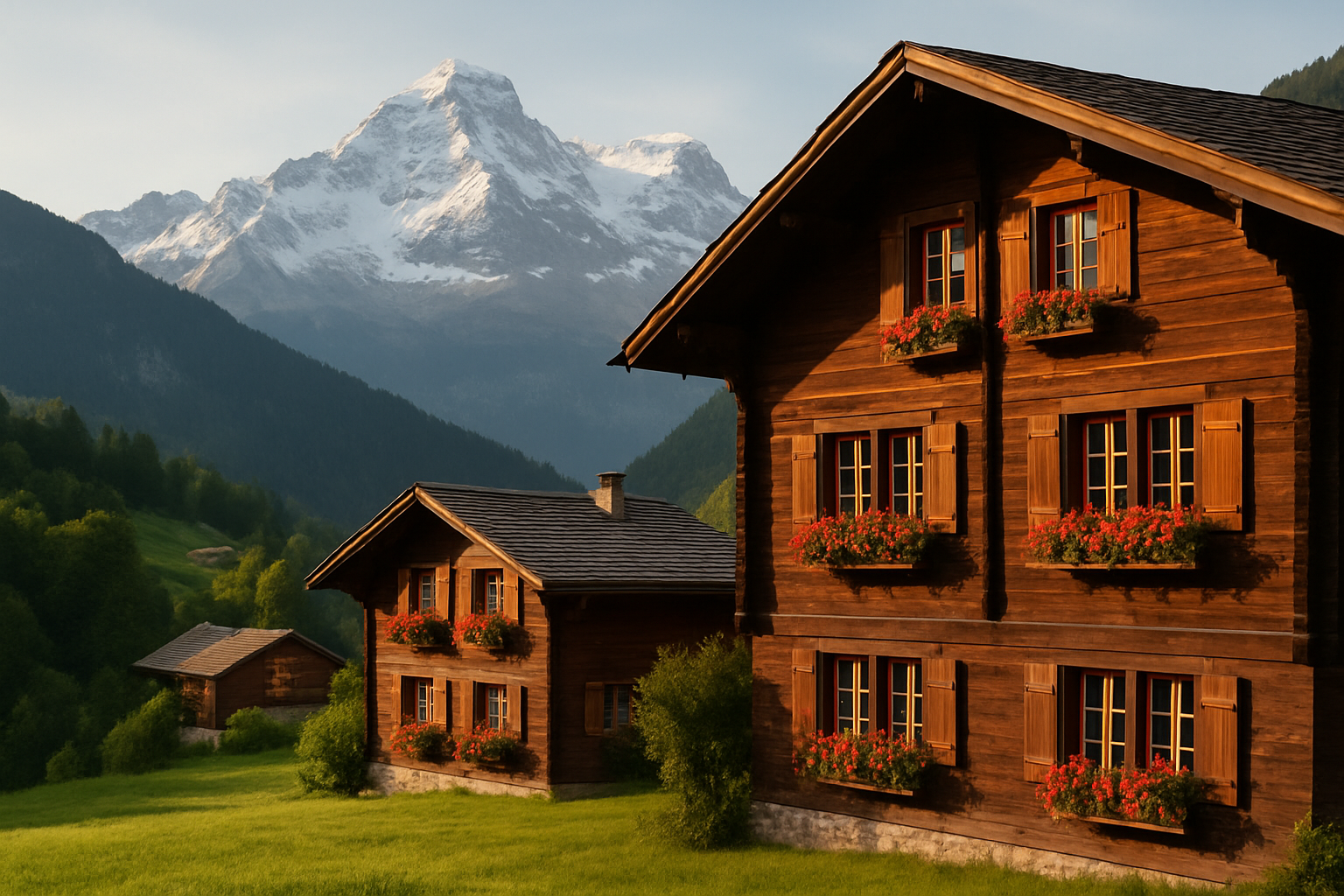 Wooden chalets in a Swiss alpine village beneath snowy peaks at golden hour