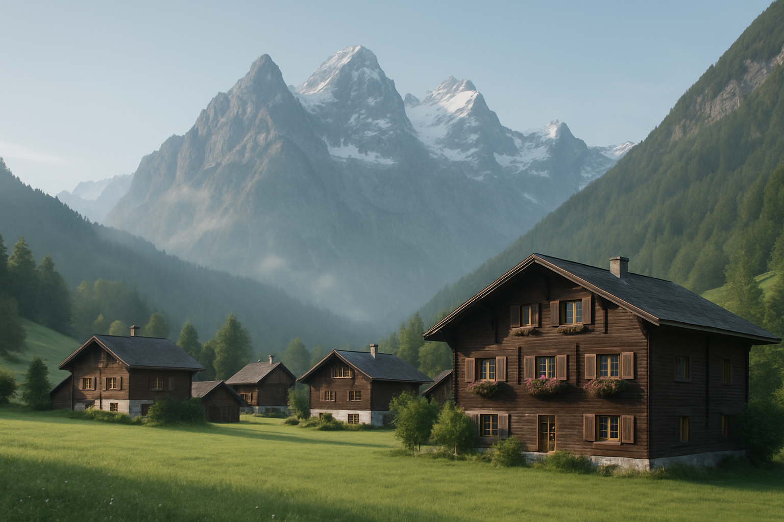 Alpine village with wooden chalets beneath snow-capped peaks at morning