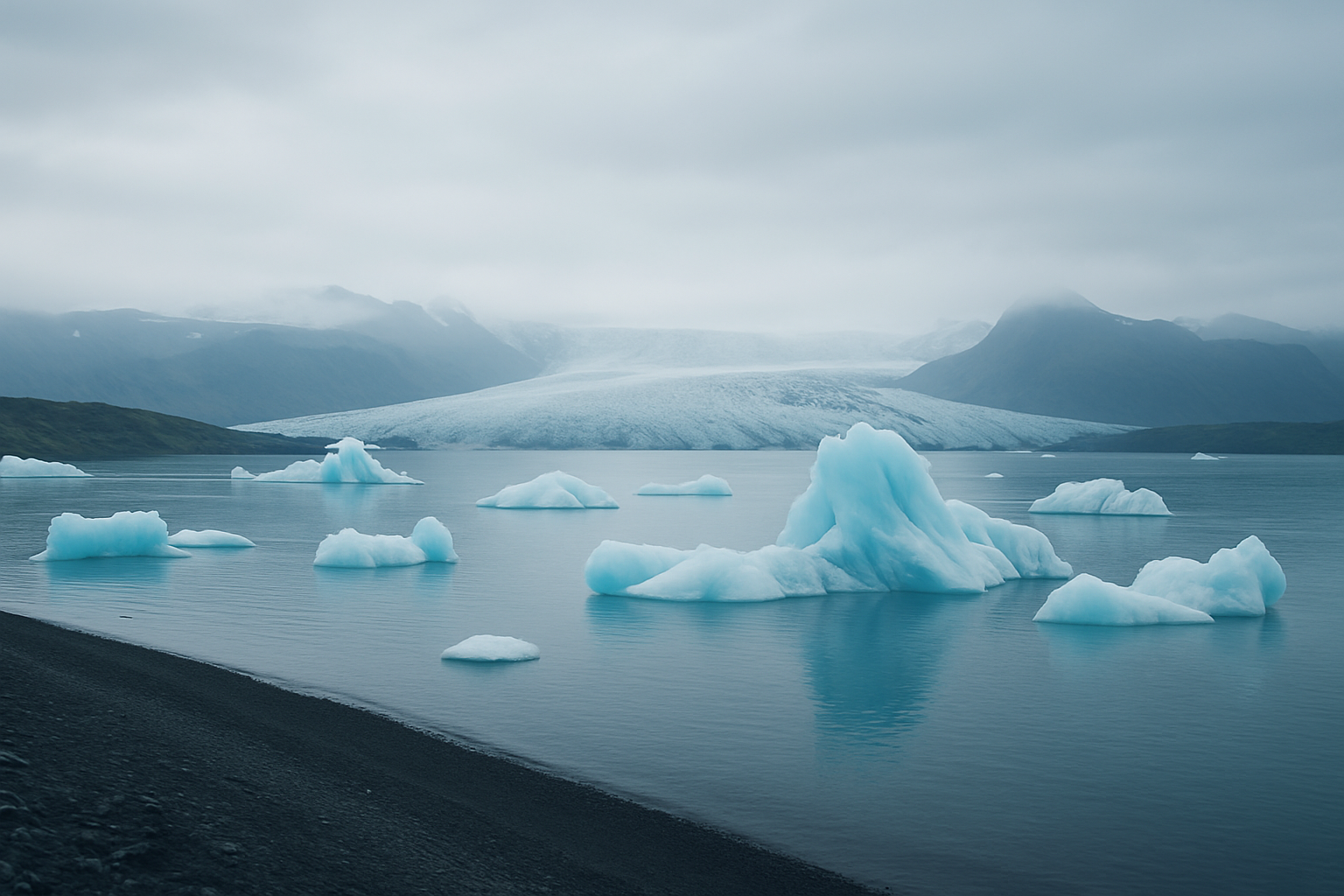 Glacier lagoon in Iceland with floating icebergs under soft pale light