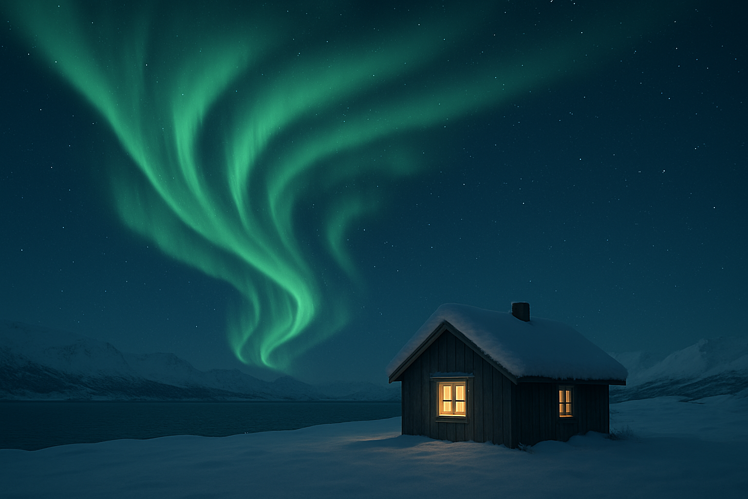 Green northern lights over a snowy Arctic cabin in Tromsø