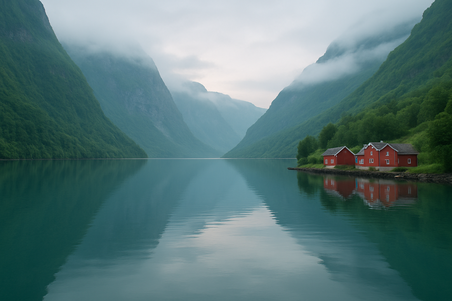 Calm Norwegian fjord with steep green cliffs and a small red-roofed village