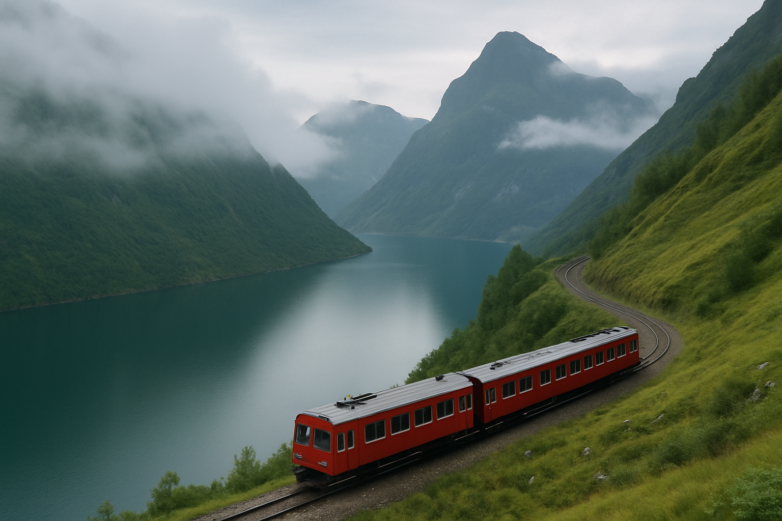 Red scenic train winding above a deep green Norwegian fjord
